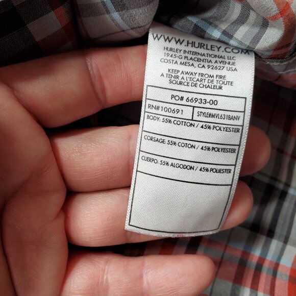 Hurley Long Sleeve Button Up Plaid Shirt 1 Pocket Gray Red Blue Men Sz L - Picture 4 of 12